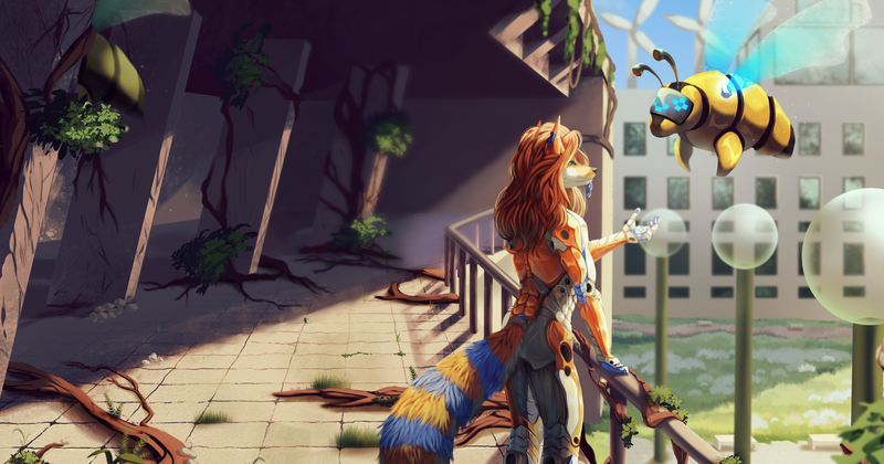 Jyrki, a cyber fox, standing on a platform that's been overgrown with plants.  Their paw is carefully approaching a cybernetic bee.